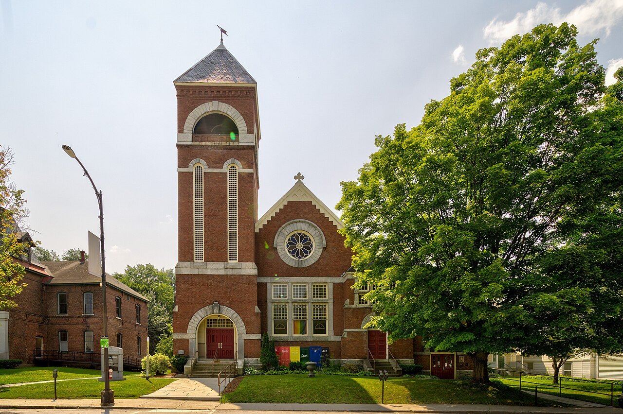 The Barre Congregational Church, a brick church with a tall corner tower.