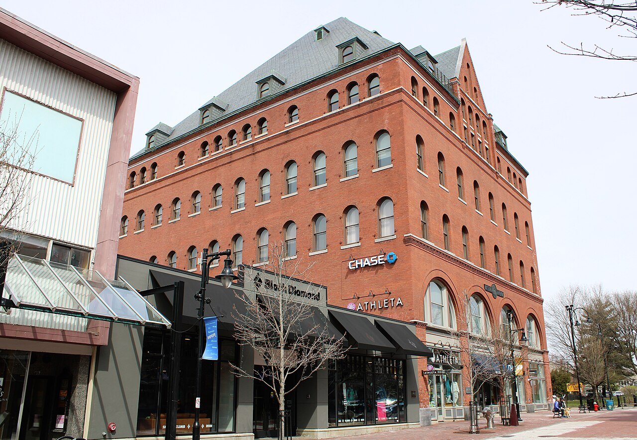 The Masonic Temple, a large brick building with rows of windows, on a Burlington street.