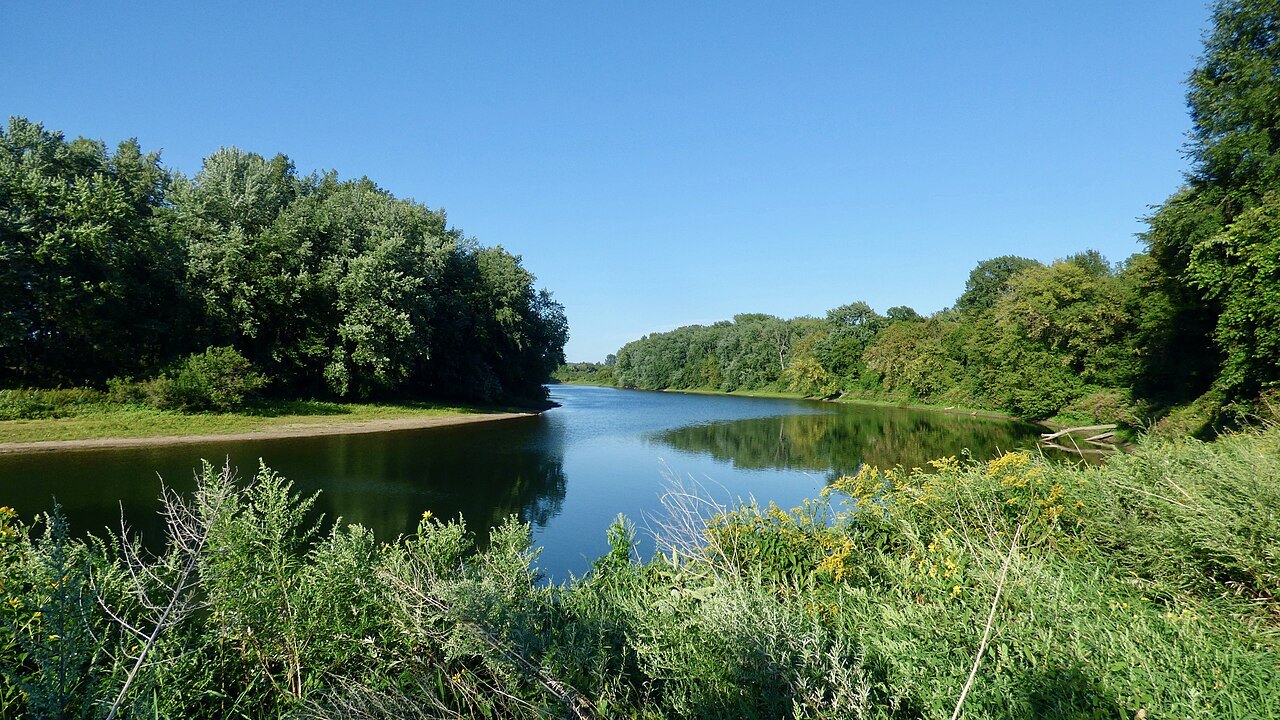 The Winooski River in the Intervale, a calm bend between green banks.