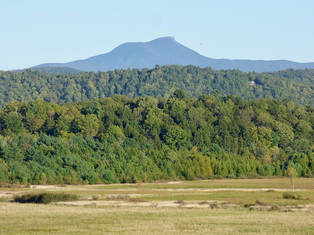 Camel's Hump from the west, a dark ridge over a green meadow.