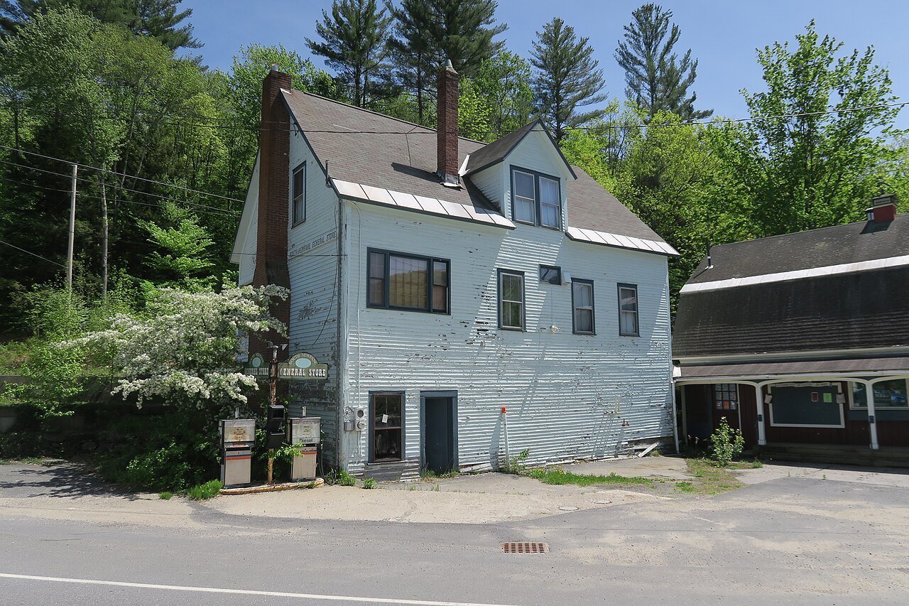 The South Newfane General Store, a gabled blue-gray building in the village.