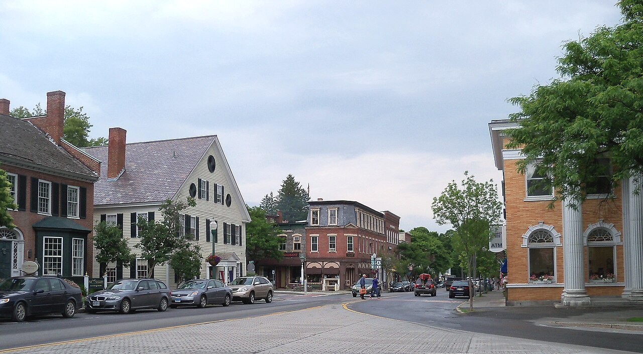 Downtown Woodstock, a street of Federal houses and a small commercial block.