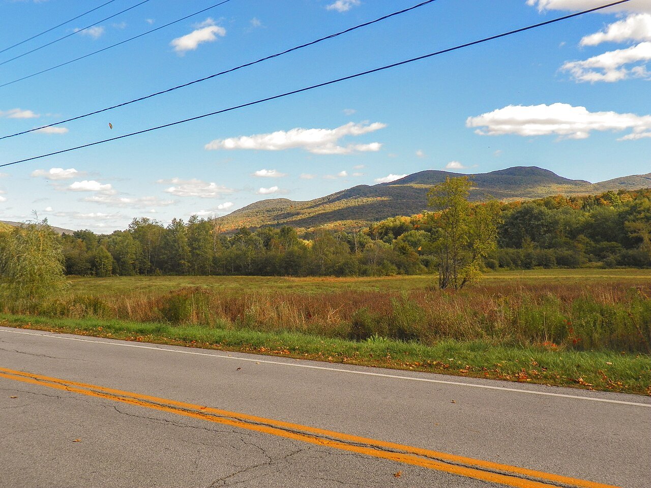 A road through an autumn meadow below forested hills.