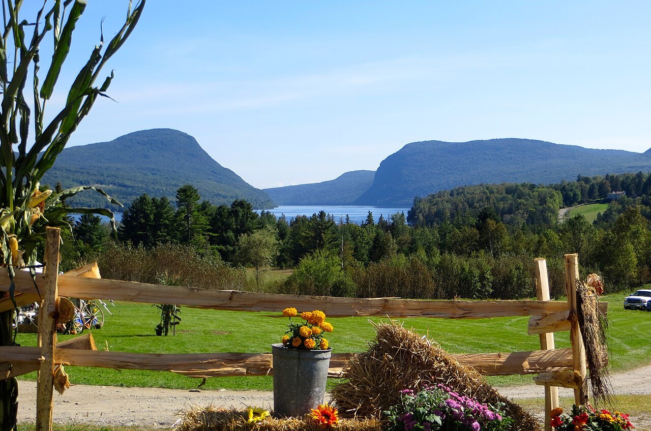Lake Willoughby from a farm stand in Westmore, the notch between the two mountains in the distance.
