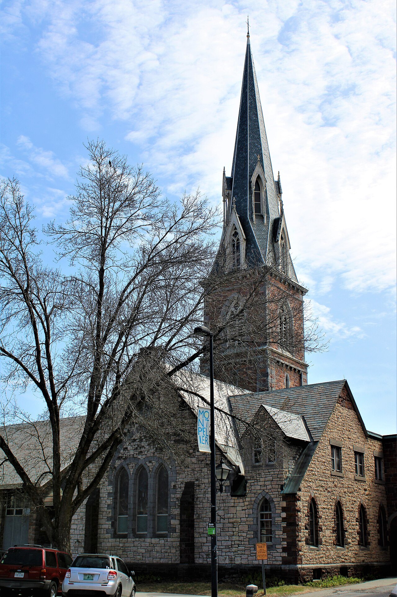 Bethany Church, a stone church with a tall steeple, in Montpelier.