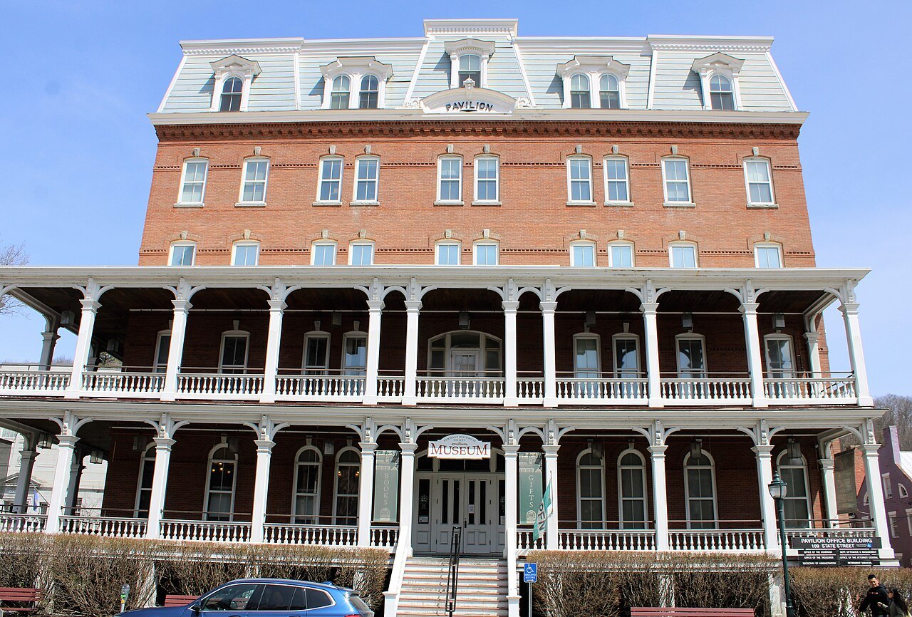 The Pavilion from the front, its wooden porches stacked beneath the mansard roof.