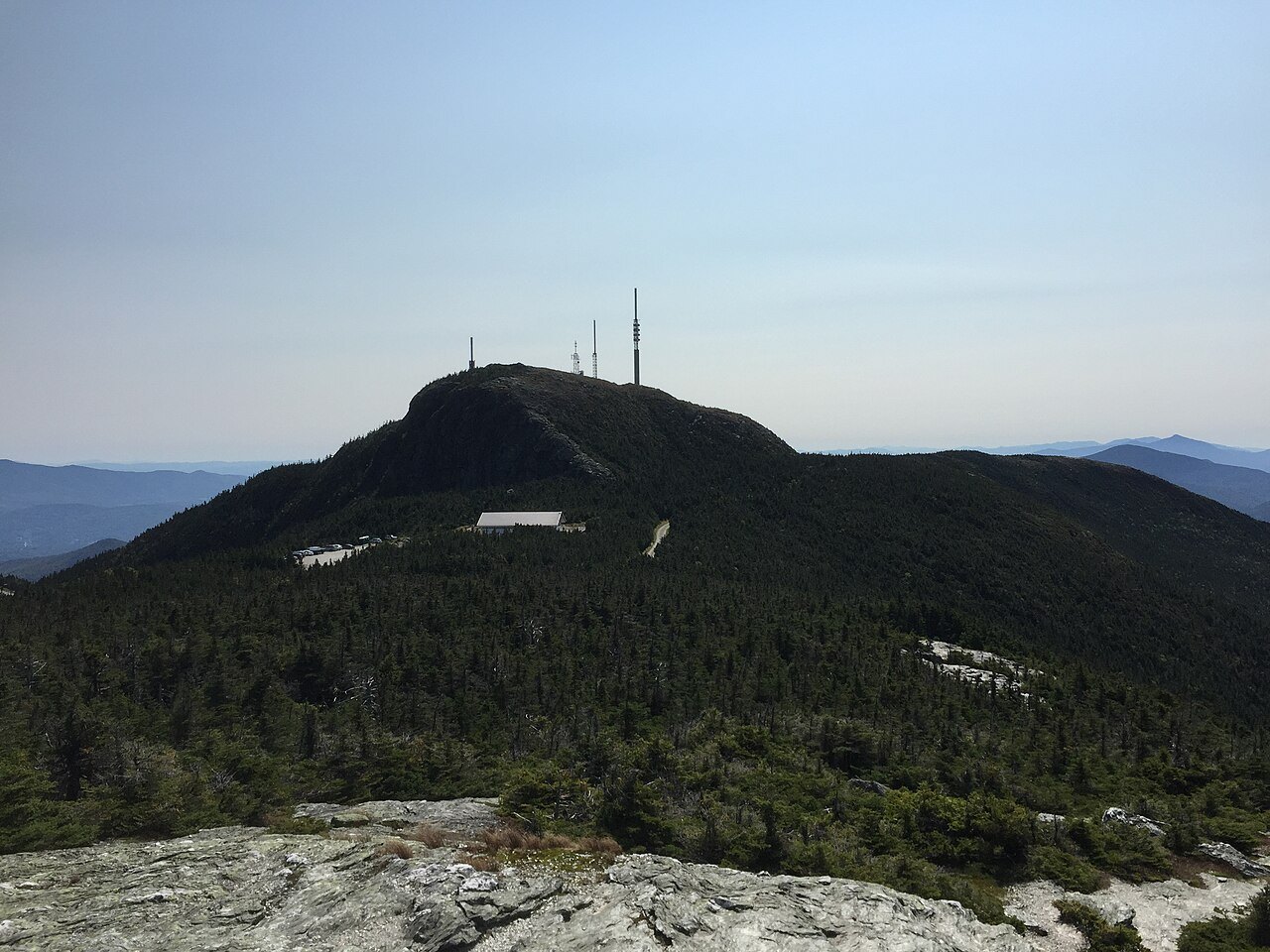 The summit of Mount Mansfield with its towers, seen from the Long Trail to the south.