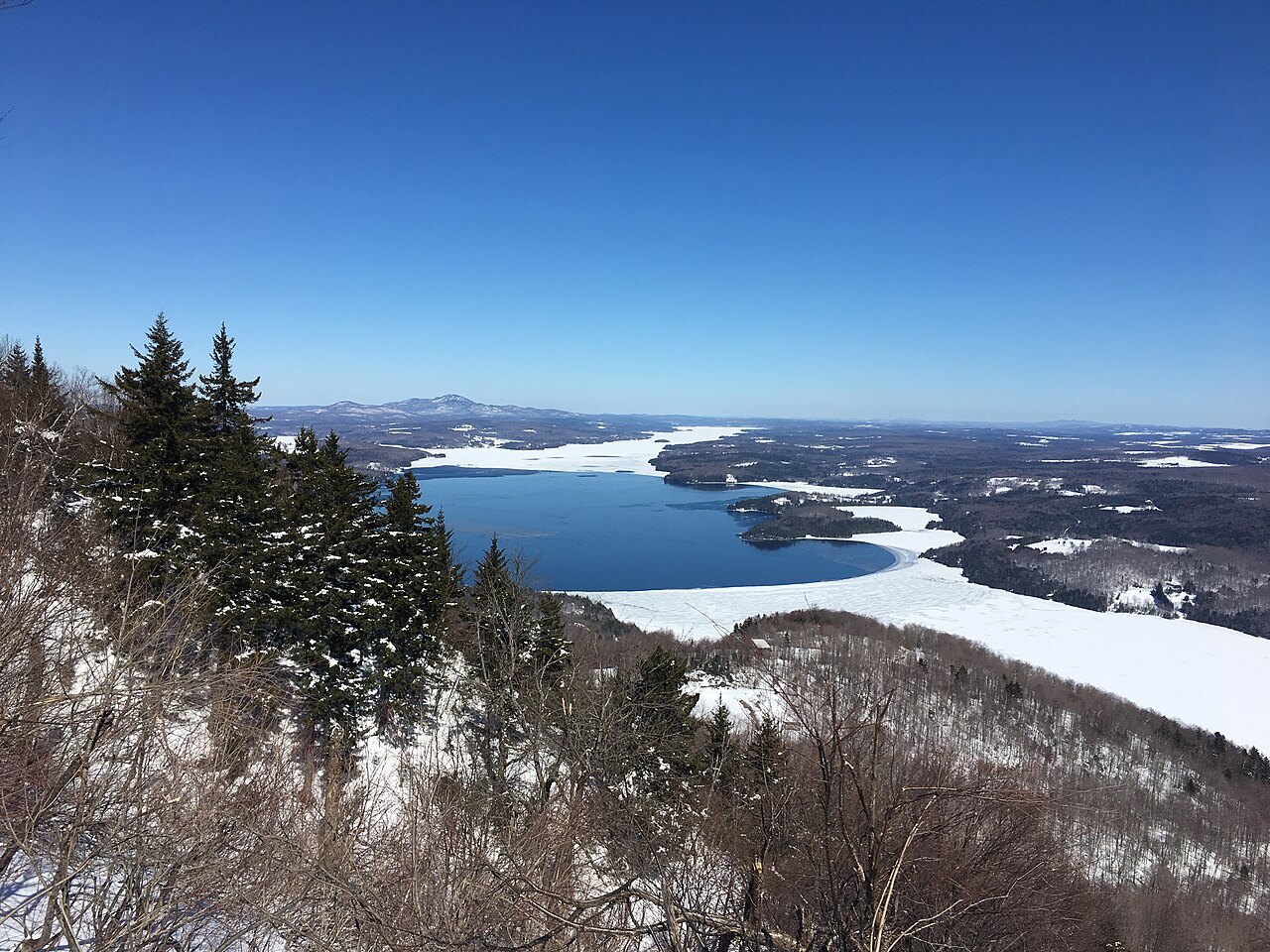 Lake Memphremagog in winter from a wooded hill, open water between snowy shores.