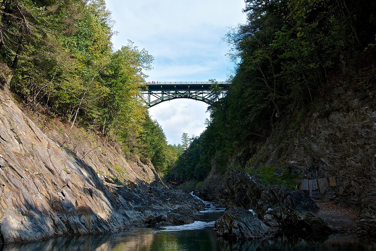 The U.S. Route 4 bridge crossing high above Quechee Gorge, with rock walls below.