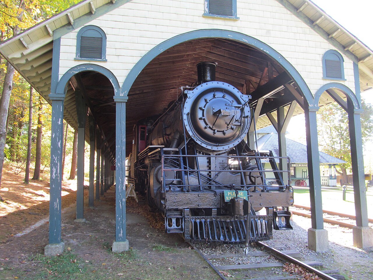 A steam locomotive, number 220, under a covered shelter with an arched front.