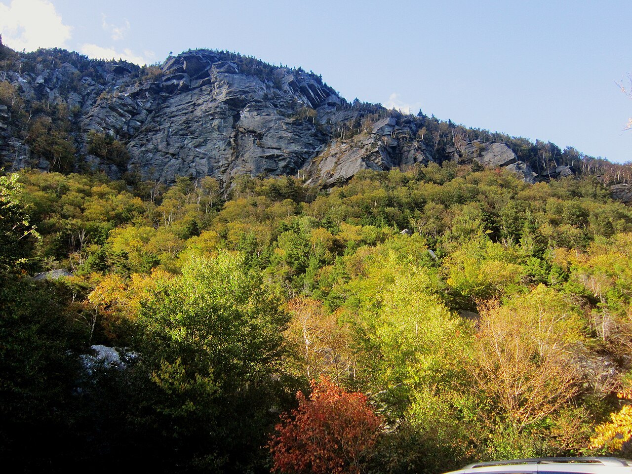 Autumn trees below the broken cliff face of the notch.