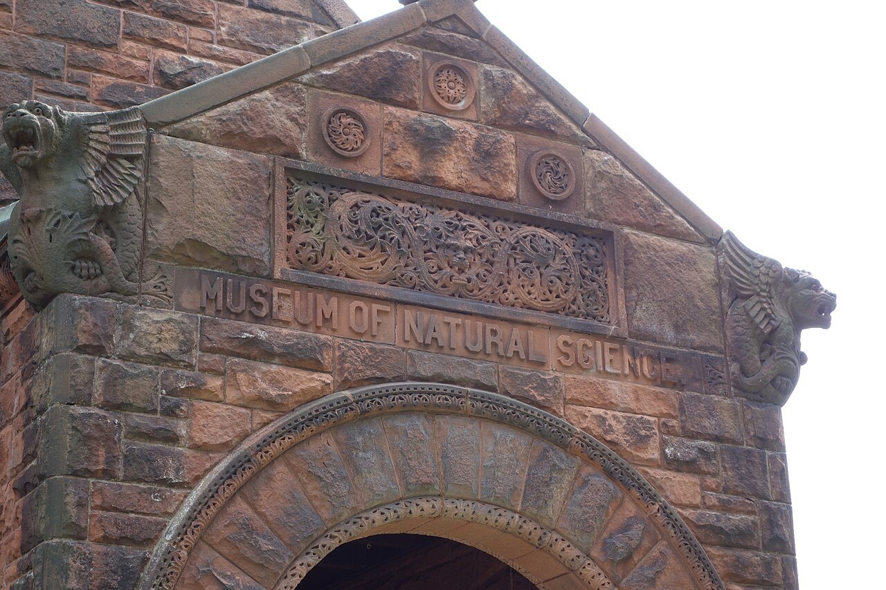 The carved stone lintel above the arched door of the Fairbanks Museum, lettered for natural science.