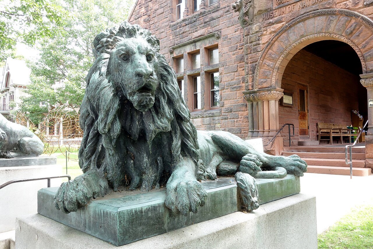 The bronze South Lion crouching before the museum's arched doorway.
